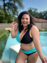 Load image into Gallery viewer, Love You Yachts Black &amp; Turquoise 2 Piece Swimsuit