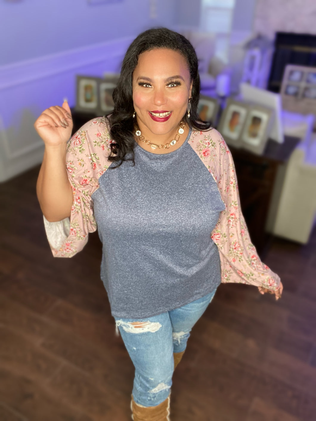 Contrast Print Sleeve Top