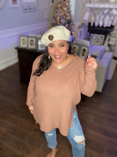 Thermal Waffle V Neck High Low Hem Tunic