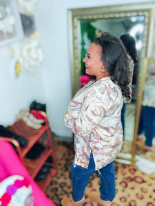 Jacquard Marble Print Long Sleeve V Neck Top